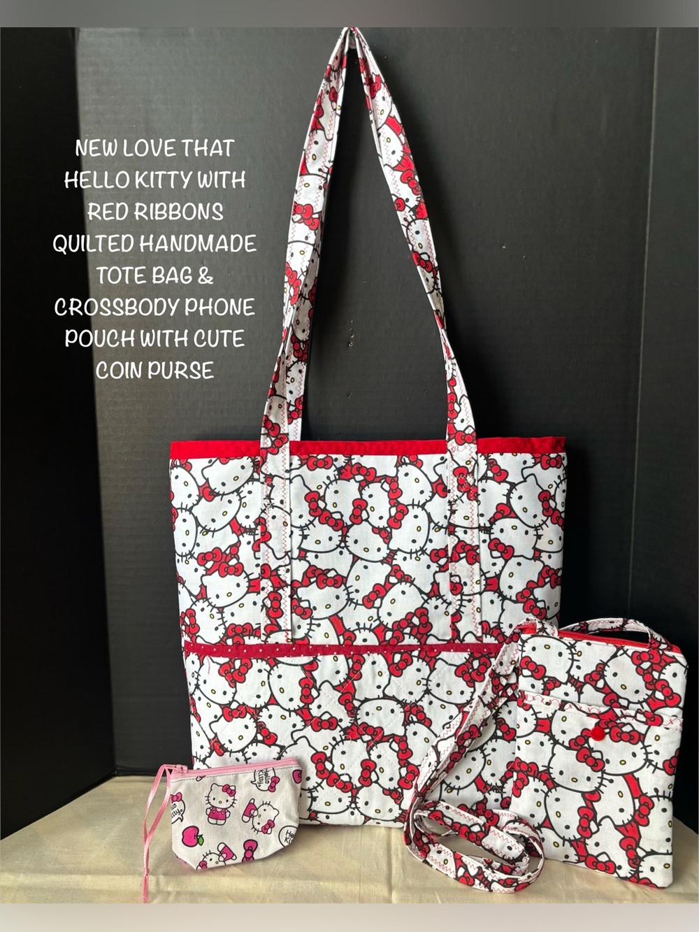 Love That Hello Kitty With Red Bows Quilted Tote & Phone Pouch & coin purse set